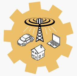Antena wysyłająca sygnał 5G do samochodu, domu, komputera. Elementy IoT znajdują się na tle żółtego koła zębatego.